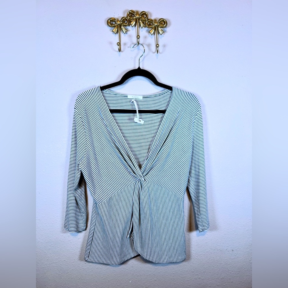 Pleione Black and Ivory Striped Twist Front Blouse with deep v-neck. Size S